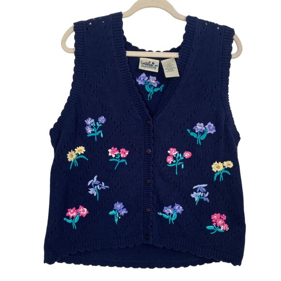 Northern Reflections Sweaters - Vintage Northern Reflections Floral Embroidered Sweater Vest Navy Cottagecore-L